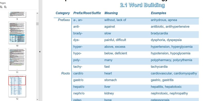 May include: A page from a medical textbook titled "2.1 Word Building" with a table categorizing prefixes, roots, and suffixes. The table includes examples like "anhydrous, apnea" and "cardiovascular, cardiomyopathy."