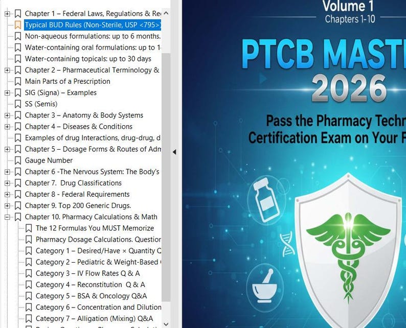 K&ouml;nnte beinhalten: Buchcover mit dem Titel "PTCB MASTER 2026" in silberner Schrift auf blauem Hintergrund. Das Cover zeigt auch ein Schild mit einem Caduceus-Symbol und dem Text "Bestehen Sie die Pr&uuml;fung zum Pharmazeutisch-technischen Assistenten beim ersten Versuch."