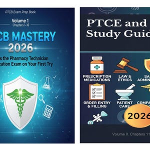 K&ouml;nnte beinhalten: Zwei Studienf&uuml;hrer f&uuml;r Pharmazietechniker-Zertifizierungspr&uuml;fungen. Das erste Buch tr&auml;gt den Titel "PTCB MASTERY 2026" und das zweite "PTCE and ExCP Study Guide 2026". Beide B&uuml;cher haben einen blauen Hintergrund mit wei&szlig;em und gr&uuml;nem Text und Grafiken.