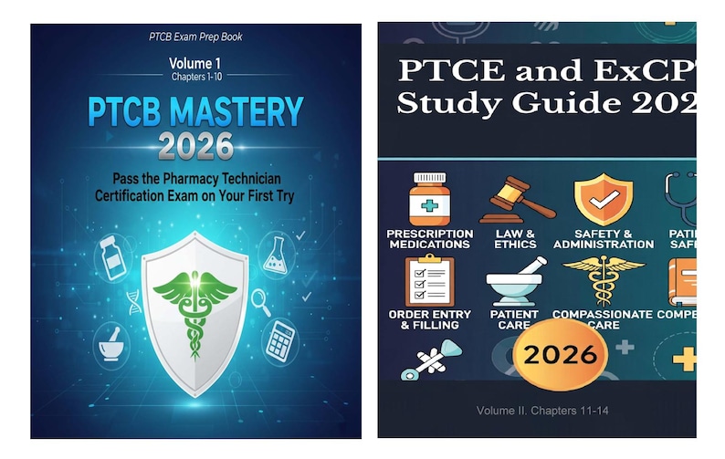 K&ouml;nnte beinhalten: Zwei Studienf&uuml;hrer f&uuml;r Pharmazietechniker-Zertifizierungspr&uuml;fungen. Das erste Buch tr&auml;gt den Titel "PTCB MASTERY 2026" und das zweite "PTCE and ExCP Study Guide 2026". Beide B&uuml;cher haben einen blauen Hintergrund mit wei&szlig;em und gr&uuml;nem Text und Grafiken.
