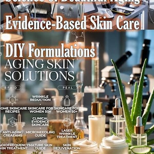 以下が含まれることがあります： アンチエイジングスキンケアソリューションを宣伝する画像。「Science of Beautiful Aging」と「Evidence-Based Skin Care」というテキストが含まれています。製品にはクリーム、セラム、アロエベラが含まれます。画像には「DIY Formulations」と「Aging Skin Solutions」も記載されています。