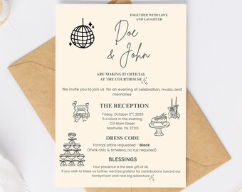 May include: A wedding invitation with a cream-colored background and a brown envelope. The invitation includes the names "Doe & John", event details, and the text "Formal attire requested - Black". Decorative elements include a disco ball and champagne glasses.