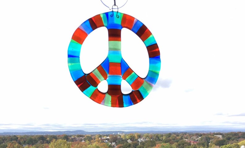 Outdoor Boho Art Glass Suncatcher Mothers Day Gift Yard Art Glass Hippie Art Peace Sign Wall Art Glass Peace Sign Garden Art Glass
