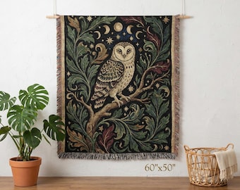 Mystical Barn Owl Woven Blanket, Celestial Moon Phases Tapestry, Witchy Forest Decor, Dark Cottagecore Throw, Woodland Nature Gift for Her