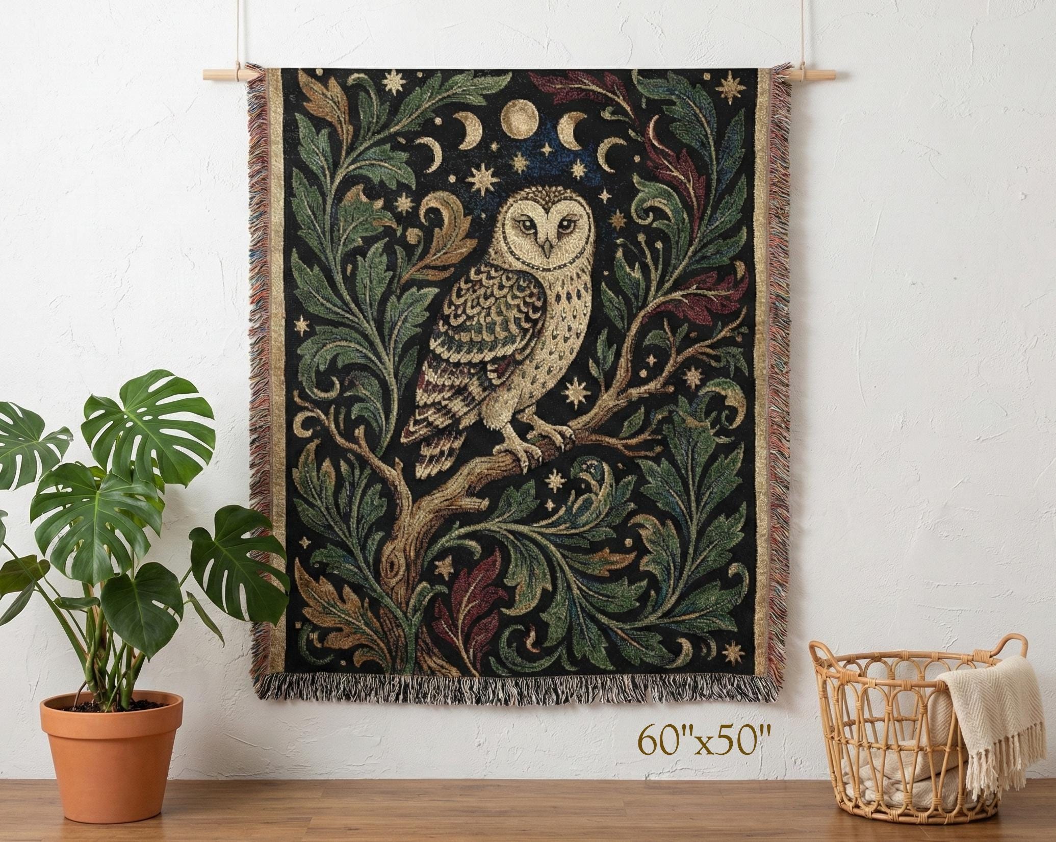 Mystical Barn Owl Woven Blanket, Celestial Moon Phases Tapestry, Witchy Forest Decor, Dark Cottageco