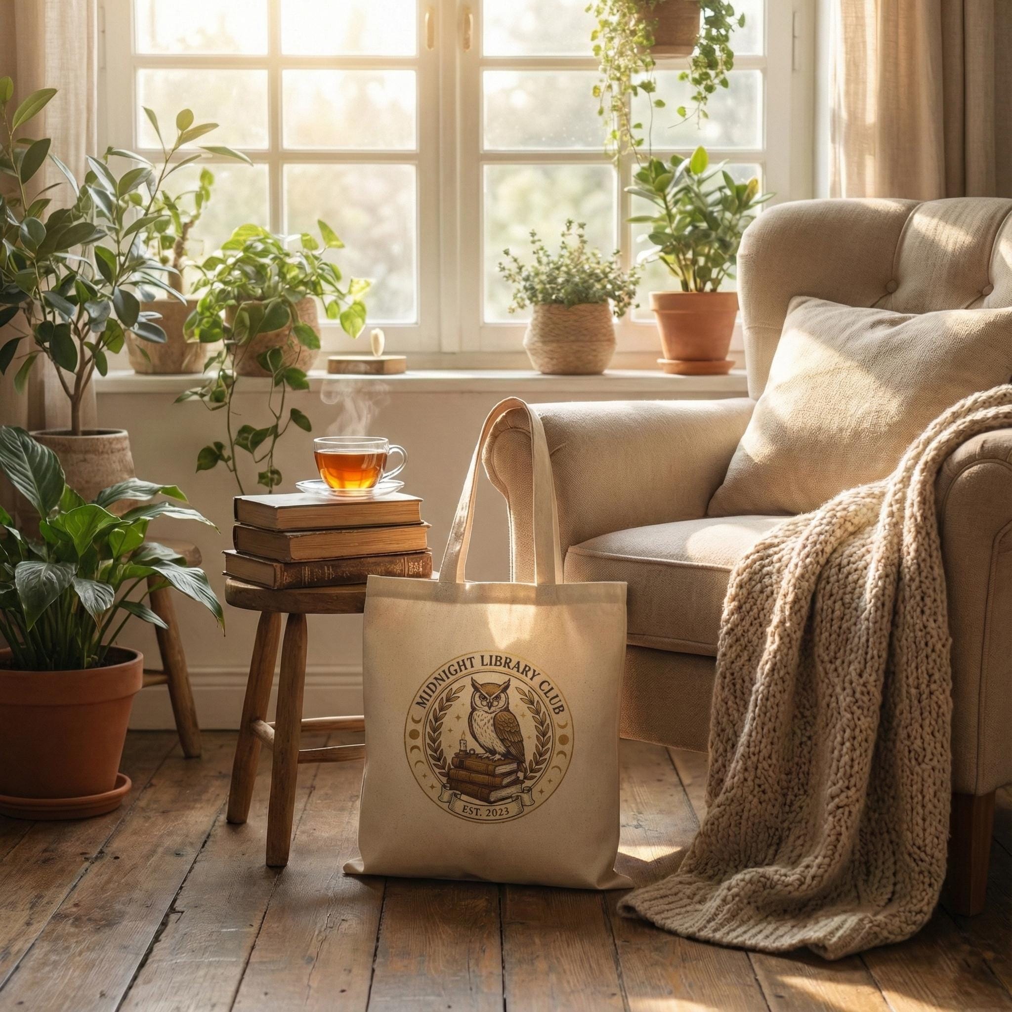 Midnight Library Club Tote Bag, Dark Academia Owl Canvas Bag, Book Lover Gift, Vintage Library Shopp