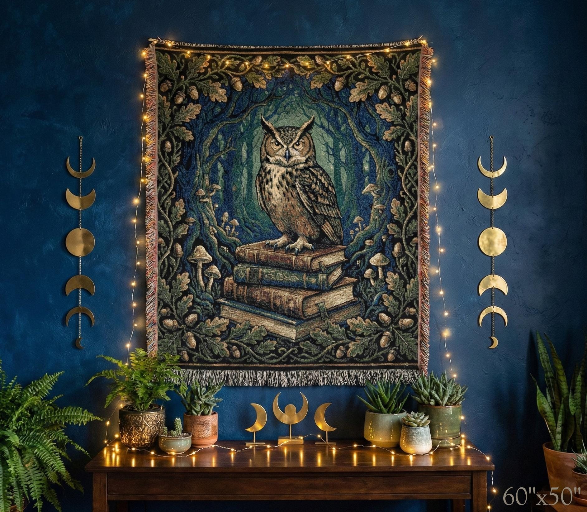 Dark Academia Woven Blanket Owl on Books Throw, Mystical Library Decor, Cottagecore Tapestry, Book L