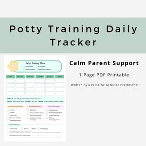 Può includere: Un tracker giornaliero stampabile per l'addestramento al vasino con il titolo "Potty Training Daily Tracker". Il documento include sezioni per tenere traccia di tempo, seduta sul water, successo, incidenti, emozioni e note.