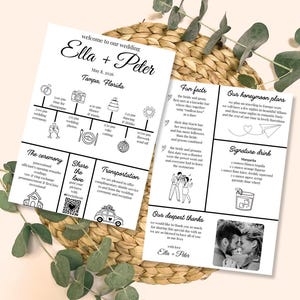 May include: Two-page wedding invitation with a timeline, fun facts, honeymoon plans, and signature drink details. The invitation is black and white with decorative elements and the names Ella + Peter.