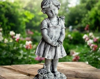 Beautiful Little Girl Garden Statue Outdoor Cement Figurine Cute Child Sculpture Yard Ornament Whimsical Garden Decor Rustic Art Gift Idea