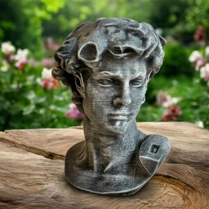 May include: A gray bust of a classical male figure with detailed facial features and curly hair. The sculpture is set against a blurred background of greenery and flowers, resting on a wooden surface.