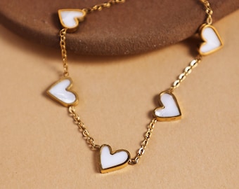 White Heart Bracelet, Titanium Steel Gold Chain, Cute Minimal Charm Bracelet