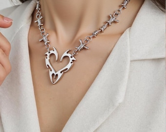 Silver Barbed Wire Heart Necklace, Edgy Statement Chain
