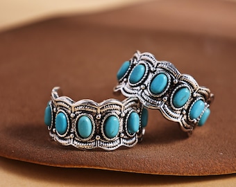 Boho Turquoise Hoop Earrings, Vintage Silver Alloy Ear Jewelry, Hypoallergenic Boho Style