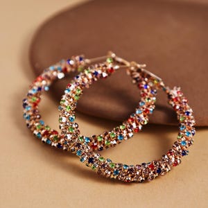 Colorful Crystal Hoop Earrings, Sparkly Rainbow Rhinestone Hoops, 925 Silver Plated.