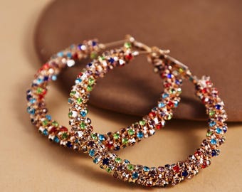 Colorful Crystal Hoop Earrings, Sparkly Rainbow Rhinestone Hoops, 925 Silver Plated.