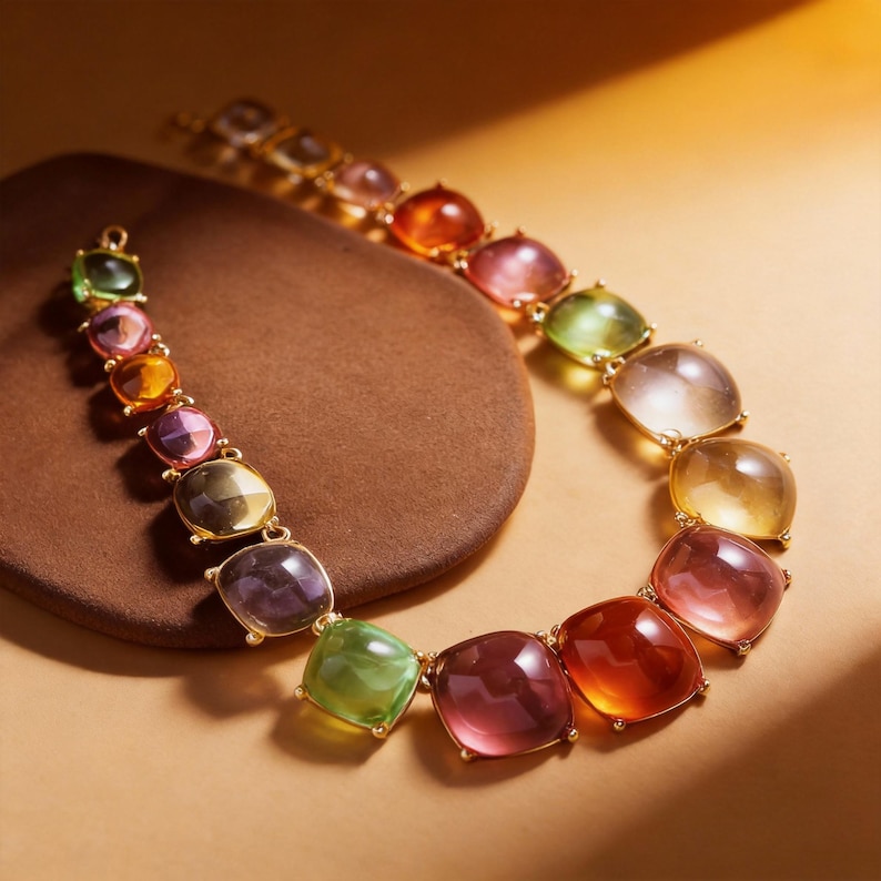May include: A colorful necklace featuring square-cut gemstones in shades of green, purple, orange, pink, and yellow. The gemstones are set in gold-colored metal and arranged in a curved design. The necklace is displayed on a brown surface.