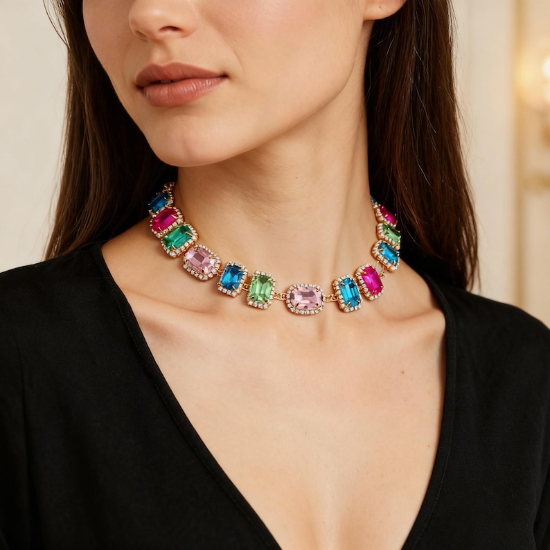 May include: A gold-toned necklace featuring a series of colorful, rectangular gemstones. The gemstones are in shades of pink, blue, green, and magenta, each surrounded by a halo of small, clear crystals. The necklace is worn around the neck.