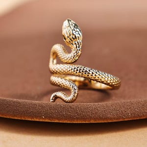 Può includere: Un anello a forma di serpente color oro con una superficie strutturata. La testa del serpente è sollevata e il suo corpo si avvolge attorno al dito. L'anello è posto su uno sfondo marrone, evidenziando i dettagli del gioiello.