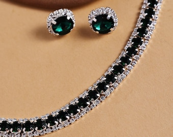 Emerald Green Moissanite Jewelry Set, 925 Silver Plated Necklace & Stud Earrings, Bridal Gift Set.