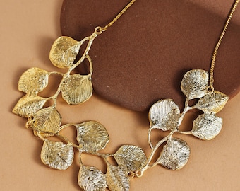Gold Leaf Statement Necklace for Women, Romantic Valentine’s Day Gift, Elegant Long Necklace Jewelry