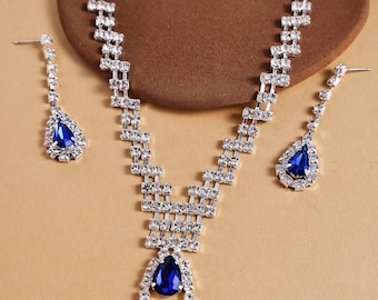 Blue Teardrop Necklace & Earring Set, 925 Silver Plated, Bridal Crystal Jewelry.