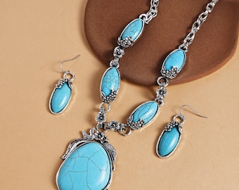 Vintage Turquoise Necklace & Earring Set, 925 Silver Plated, Boho Jewelry Gift Set.