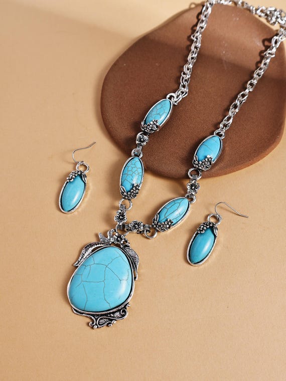 Vintage Turquoise Necklace & Earring Set, 925 Silver Plated, Boho Jewelry Gift Set.