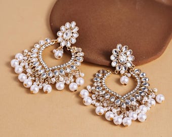 Vintage Pearl Chandelier Heart Earrings, 6.5×9.5cm Statement Dangle, Gold Plated Alloy Jewelry.