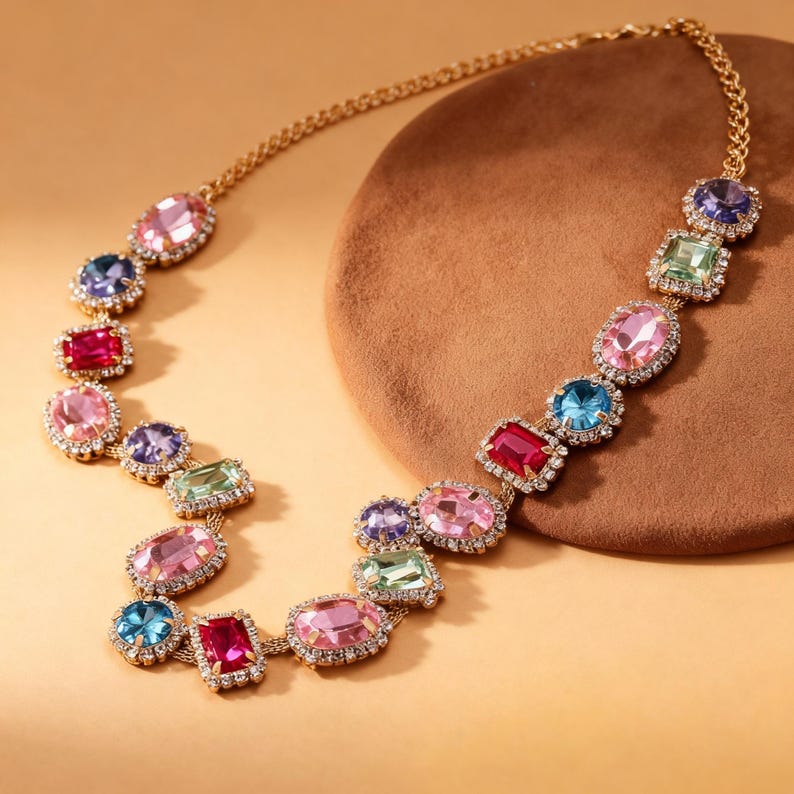 May include: A gold-toned necklace featuring a variety of colorful, sparkling gemstones. The necklace has a chain design and is adorned with pink, blue, green, purple, and red stones in various shapes, including oval and square.