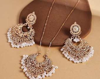 Gold Filigree Pearl Jewelry Set, 7.3cm Statement Earrings, 925 Silver Plated,vintage and boho jewelry.
