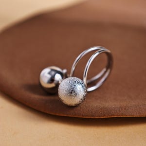 Minimalist Double Ball Ring, Silver Textured Sphere Ring, Adjustable Open Band, Statement Geometric Jewelry.