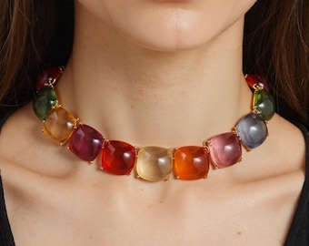 Colorful Crystal Choker Necklace, 49cm Statement Necklace, Vintage Style Jewelry Gift for Her