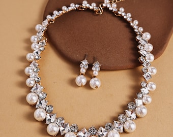 Pearl Crystal Necklace Set with Earrings, Bridal Statement Necklace, Wedding Jewelry Set for Her