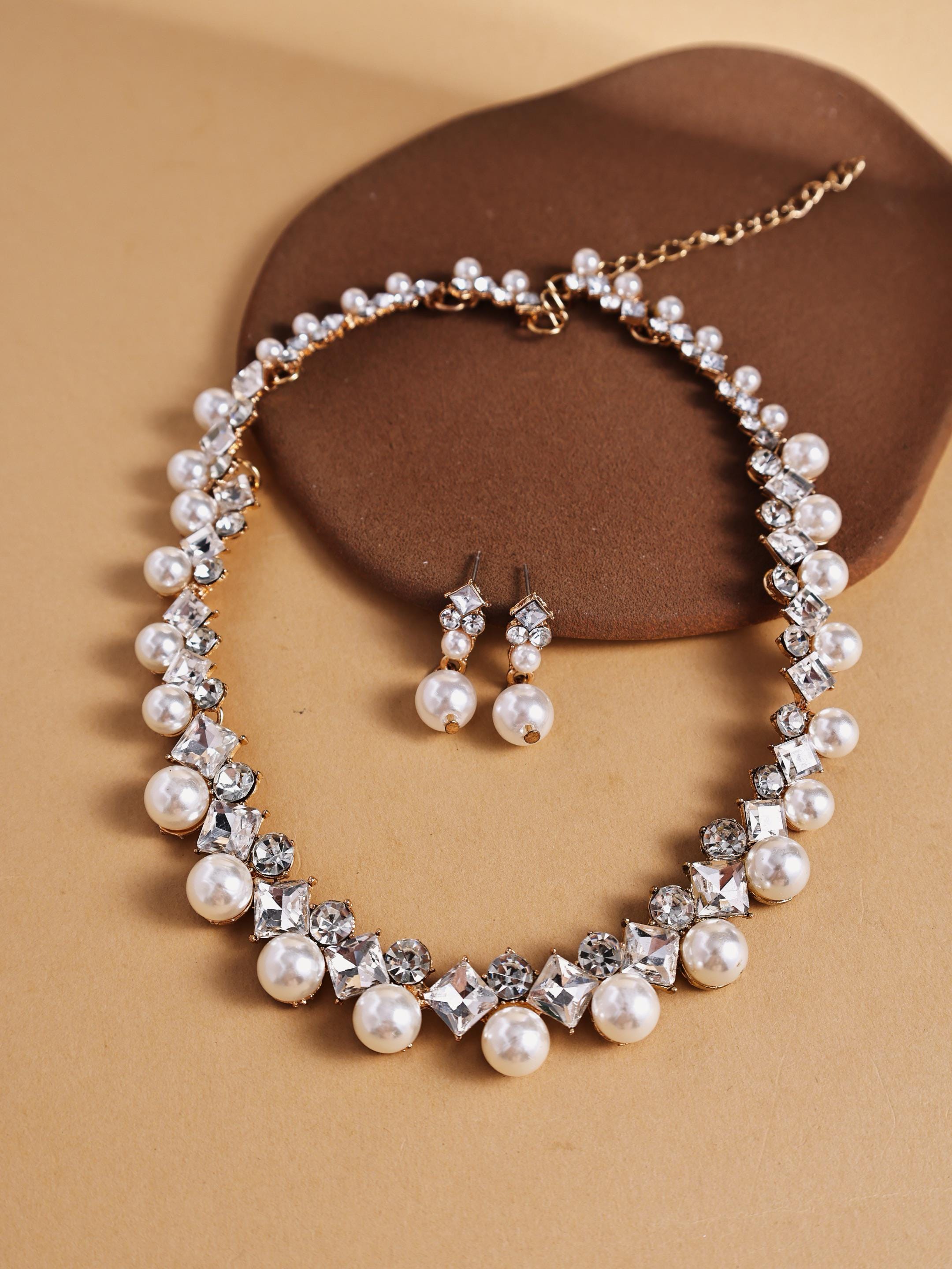 Pearl Crystal Necklace Set with Earrings, Bridal Statement Necklace, Wedding Jewelry Set for Her