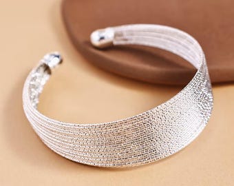 Bracelet manchette en argent, bracelet jonc grand ouvert, bracelet tendance texturé pour femme, cadeau de fête des mères pour elle
