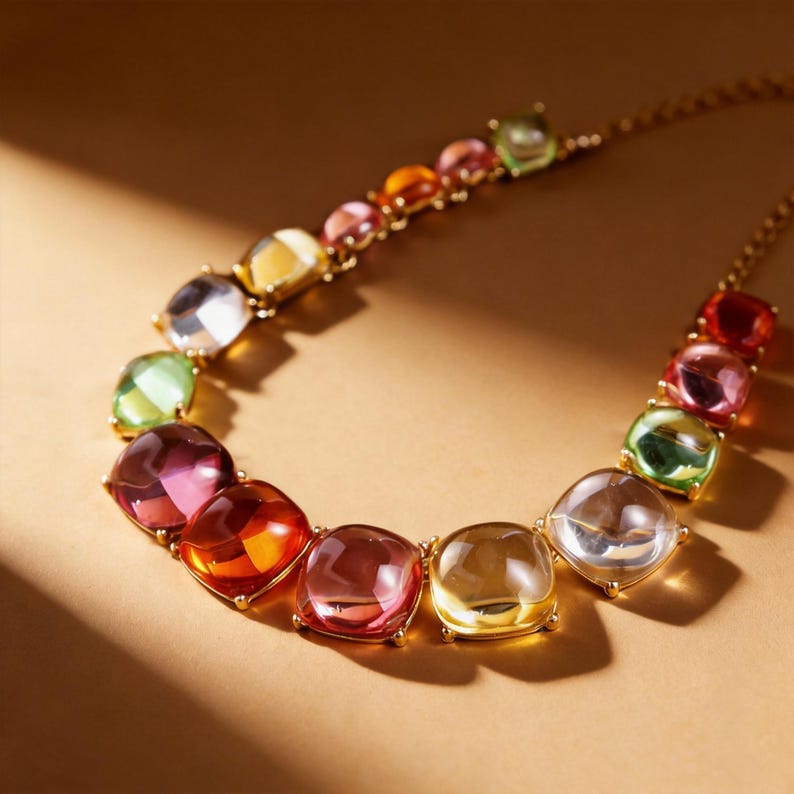 May include: A gold-toned necklace featuring a series of colorful, square-cut gemstones. The gems are in shades of red, pink, orange, yellow, green, and clear, set in gold-colored metal. The necklace is displayed on a neutral, light brown background.
