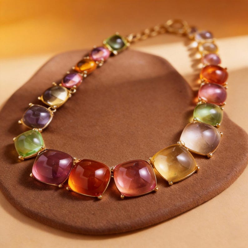 May include: A colorful necklace featuring square-cut gemstones in shades of green, purple, orange, and yellow. The gemstones are set in gold-colored metal and connected by a delicate chain. The necklace is displayed on a brown surface.
