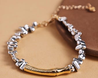 Two Tone Beaded Bracelet for Women, Gold Silver Chain Bracelet, Minimal Jewelry Gift