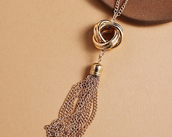 Long Knot Tassel Necklace for Women, Adjustable Chain, Two Colors, Elegant Statement Jewelry
