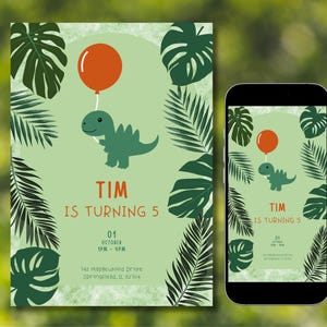 May include: A birthday invitation featuring a green dinosaur holding an orange balloon, surrounded by green tropical leaves. The text reads "Tim is turning 5" with the date and time of the party.