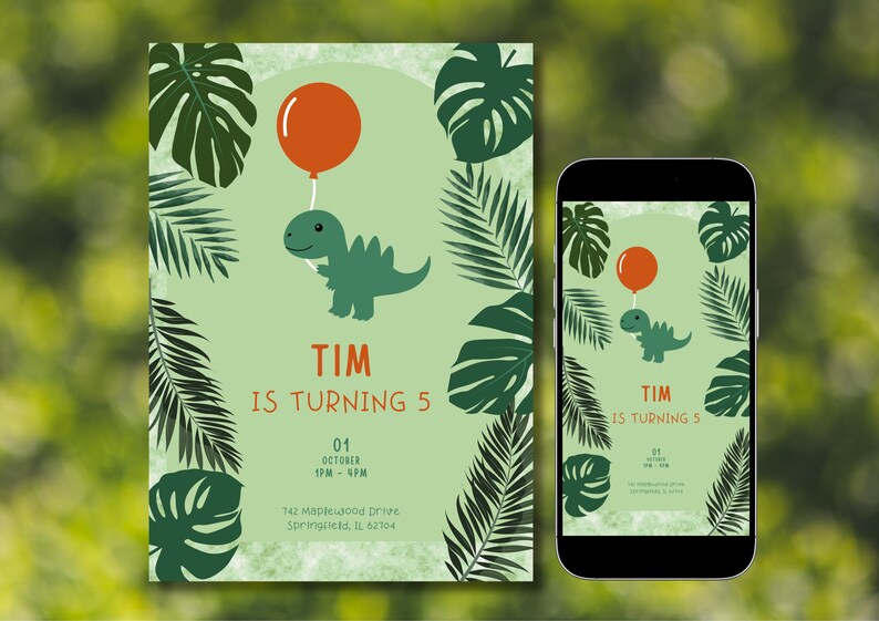 May include: A birthday invitation featuring a green dinosaur holding an orange balloon, surrounded by green tropical leaves. The text reads "Tim is turning 5" with the date and time of the party.