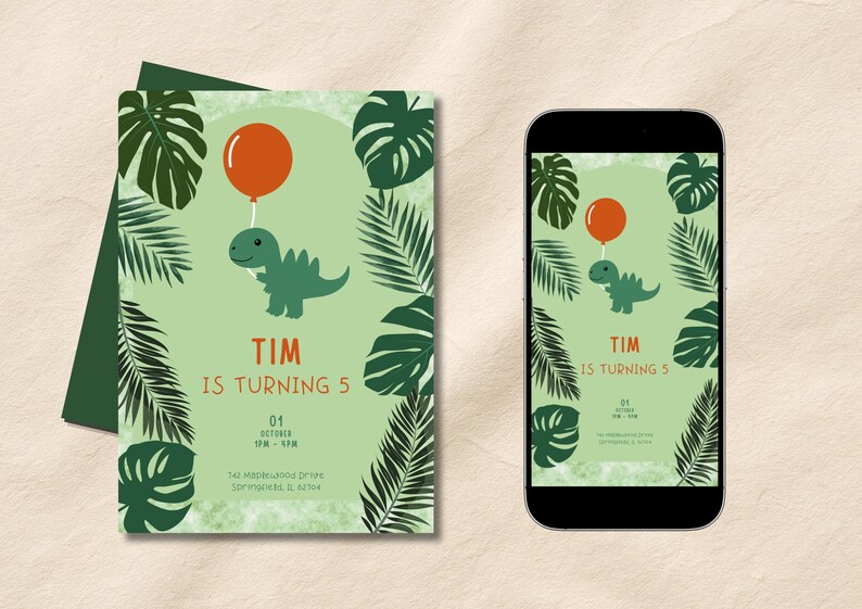 May include: A birthday invitation featuring a green dinosaur holding an orange balloon, with the text "TIM IS TURNING 5". The design includes green tropical leaves and is displayed on a card and a smartphone.