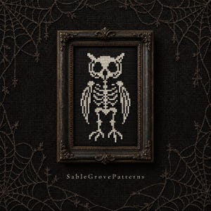 Skeleton Owl Cross Stitch Pattern, Blackwork Bird Bones, Gothic Anatomy, Small Halloween Needlework PDF