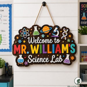 Targa personalizzata per la porta del laboratorio di scienze, targa personalizzata per l'aula dell'insegnante di scienze, decorazione 3D in legno per l'aula STEM, targa con il nome dell'insegnante
