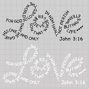 May include: Two images with the word "LOVE" formed by text. The text includes the Bible verse John 3:16, with phrases like "For God so loved the world" and "have eternal life." The background is a light gray grid.