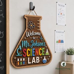 Personalized 3D Science Lab Flask Door Sign, Custom STEM Teacher Decor