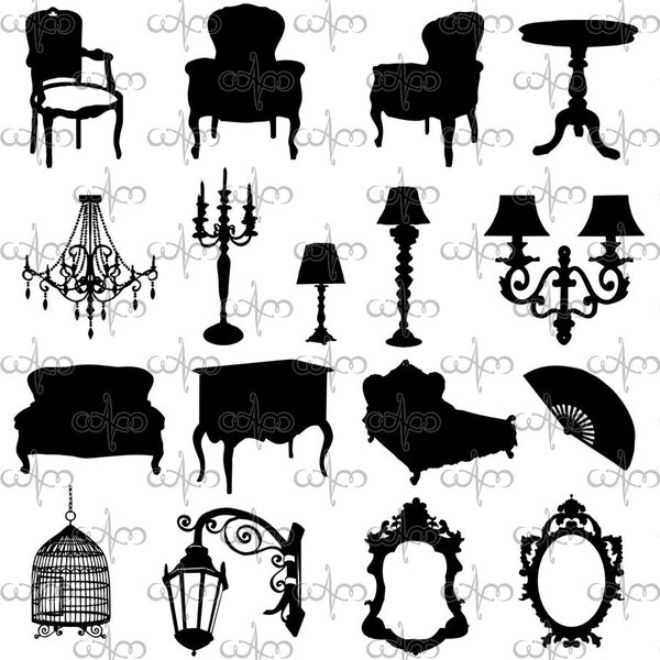 Objet baroque et meubles Silhouettes Clip Art Graphic Design Pattern pour vos projets d'art