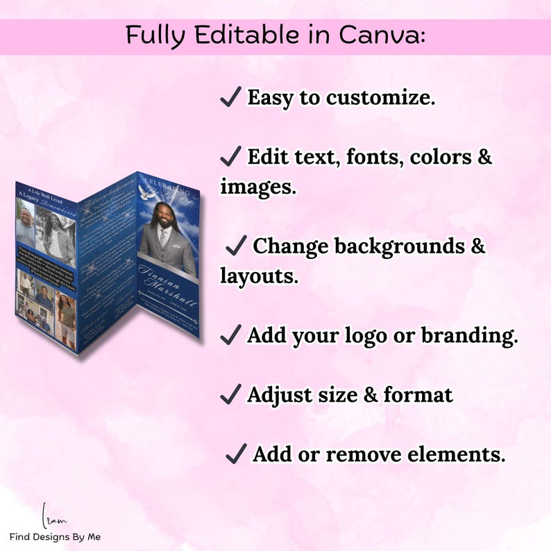 Puede incluir: Un programa conmemorativo azul y blanco, totalmente editable en Canva, con una foto de una persona. El texto incluye "F&aacute;cil de personalizar", "Editar texto, fuentes, colores e im&aacute;genes" y "A&ntilde;adir tu logotipo o marca".