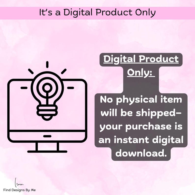 Puede incluir: Gr&aacute;fico en blanco y negro de un monitor de computadora con un icono de bombilla encima. El texto de la imagen dice "It's a Digital Product Only" y "No physical item will be shipped - your purchase is an instant digital download."